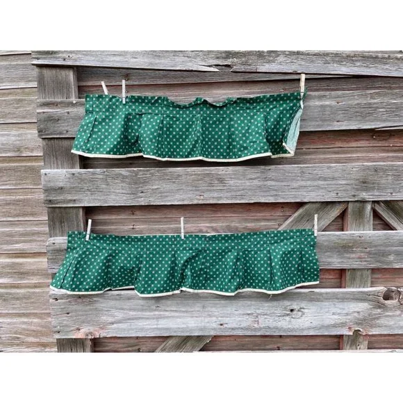 Vintage Pair 1960s Green/Beige Dot Pleated Curtain Valance Cotton - Picture 1 of 16